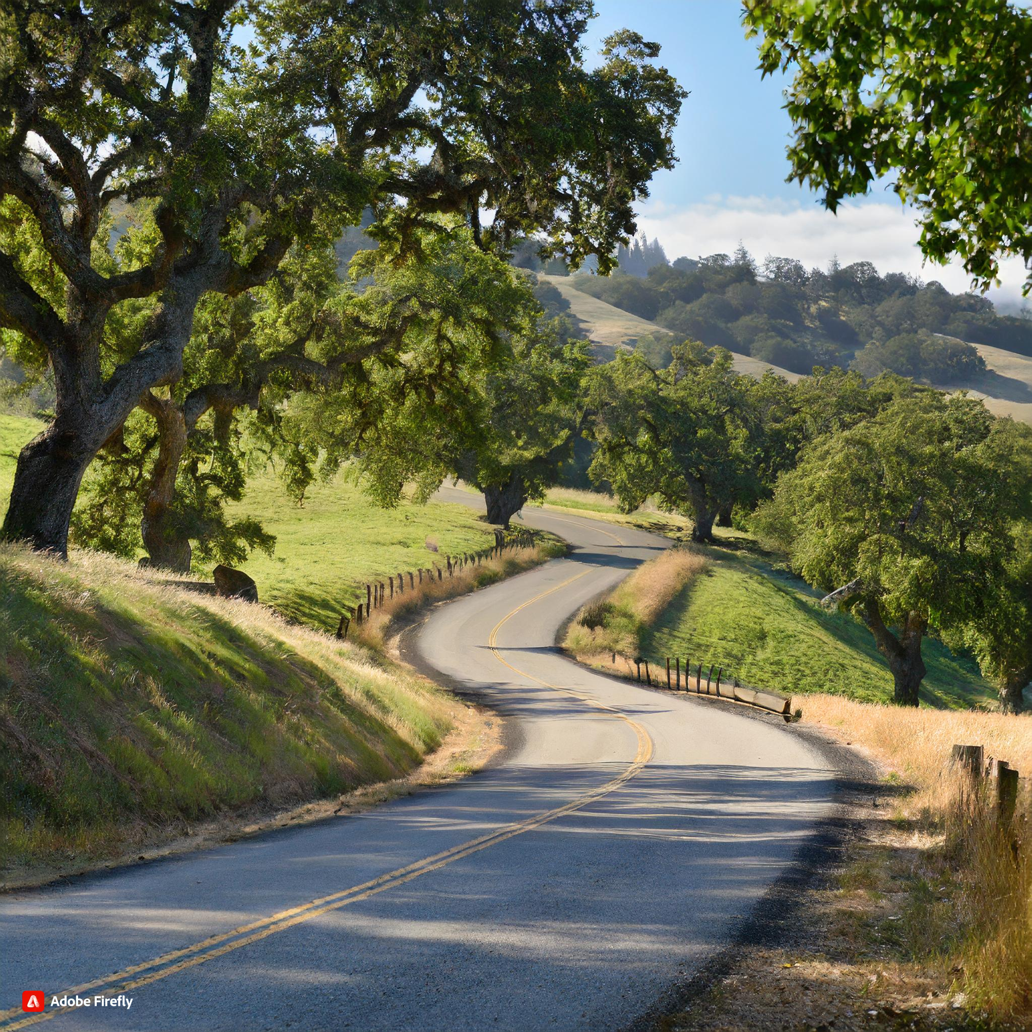 Firefly Healdsburg California, winding country road, oak trees